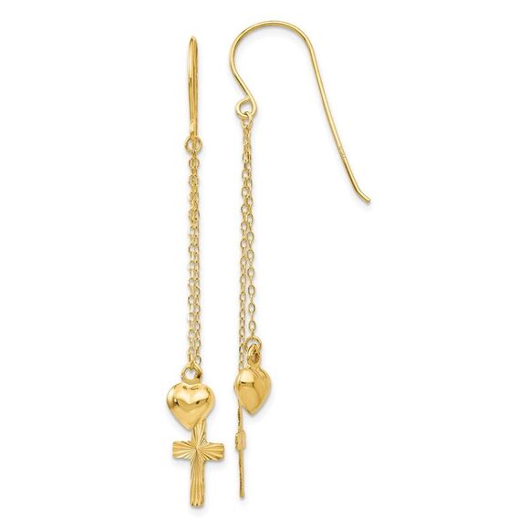 14k Yellow Gold Ropa Chain Puffed Heart & Diamond Cut Cross Dangle Earrings